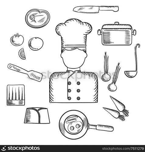 Chef profession sketched icons with cook in uniform surrounded by fresh tomato, onion and carrot, pan with eggs and bacon, knife, saucepan with ladle, meat steak, chef hats and spatula. Vector sketch. Chef with kitchen and food icons