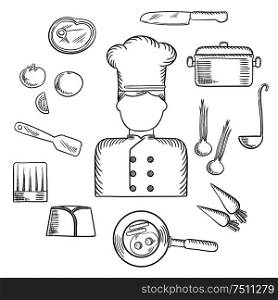 Chef profession sketched icons with cook in uniform surrounded by fresh tomato, onion and carrot, pan with eggs and bacon, knife, saucepan with ladle, meat steak, chef hats and spatula. Vector sketch. Chef with kitchen and food icons