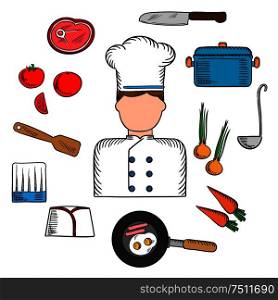Chef profession with cook in uniform surrounded by fresh tomato, onion and carrot, pan with eggs and bacon with knife, saucepan with ladle and meat steak, chef hats and spatula. Chef profession with kitchen stuff icons