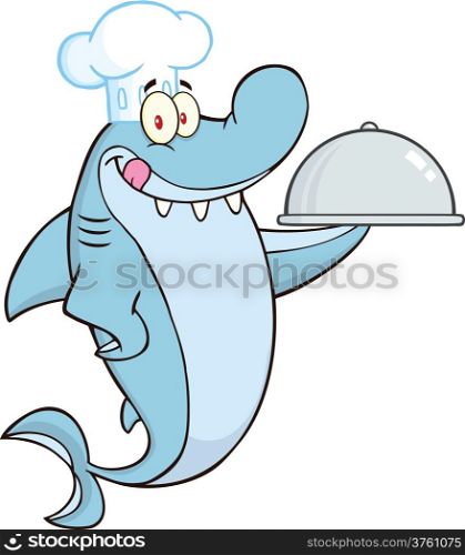 Chef Shark Cartoon Character Holding A Platter