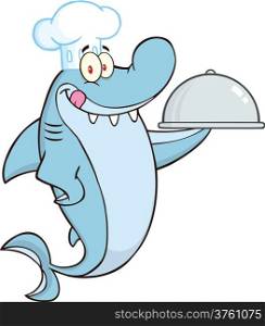 Chef Shark Cartoon Character Holding A Platter