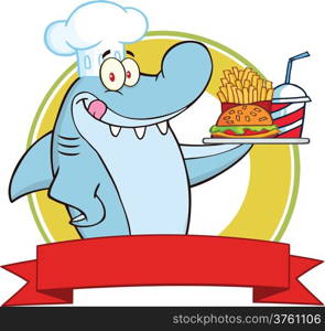 Chef Shark With Plate Of Hamburger,French Fries And Soda Label