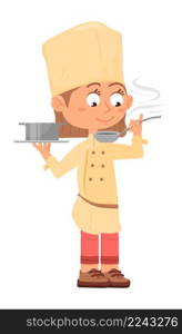 Chef tasting food from cooking pot. Cartoon girl cooking. Vector illustration. Chef tasting food from cooking pot. Cartoon girl cooking