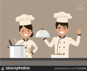Chef team working. Man and woman. Isolated vector illustration
