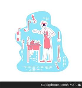 Chef thin line concept vector illustration. Male cook preparing meat, man wearing apron and cap 2D cartoon character for web design. Culinary, cooking, restaurant kitchen creative idea