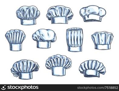 Chef toques, caps and hats. Different shapes and forms. Pencil sketch icons for restaurant, bakery, kitchen design. Chef toques, caps and hats icons