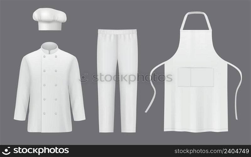Chef uniforms. Professional suit clothes for cooks jackets and pants decent vector realistic uniform for characters. Illustration of wear professional uniform. Chef uniforms. Professional suit clothes for cooks jackets and pants decent vector realistic uniform for characters
