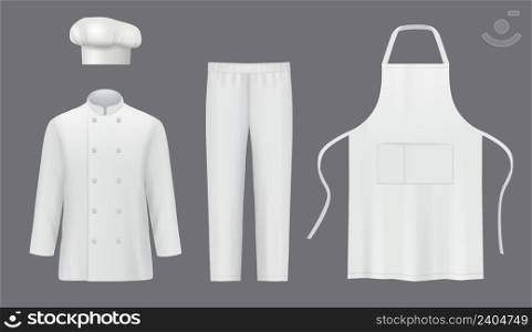 Chef uniforms. Professional suit clothes for cooks jackets and pants decent vector realistic uniform for characters. Illustration of wear professional uniform. Chef uniforms. Professional suit clothes for cooks jackets and pants decent vector realistic uniform for characters