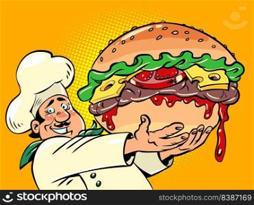 chef with a huge burger, fast food street restaurant. Delicious cheeseburger. Comic cartoon vintage retro hand drawing illustration. chef with a huge burger, fast food street restaurant. Delicious cheeseburger