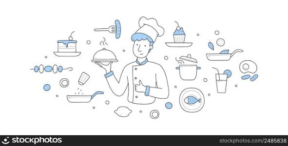 Chef with dish under cloche lid, restaurant hospitality doodle concept. Cafe stuff male character wear toque and uniform perform tasty cuisine meal, professional cooking, Linear vector illustration. Chef with dish under cloche lid, doodle concept