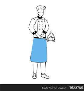 Chef with frying pan flat vector illustration. Hotel restaurant staff. Preparing food, cooking process. Catering service. Kitchen worker in apron cartoon character with outline on white