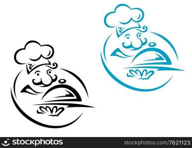 Chef with silver tray in cartoon style for restaurant design