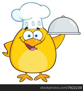 Chef Yellow Chick Cartoon Character Holding A Platter