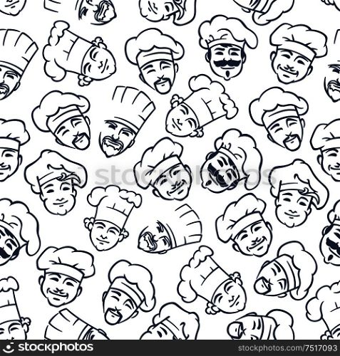 Chefs and bakers pattern with seamless gray sketches of happy smiling cooks in chef hats on white background. May be use as kitchen interior or textile print design. Seamless chefs and bakers in toques pattern