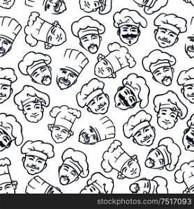 Chefs and bakers pattern with seamless gray sketches of happy smiling cooks in chef hats on white background. May be use as kitchen interior or textile print design. Seamless chefs and bakers in toques pattern
