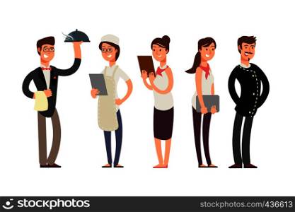 Chefs, sommelier and waitress cartoon characters. Restaurant kitchen team vector concept. Chef and waiter in restaurant illustration. Chefs, sommelier and waitress cartoon characters. Restaurant kitchen team vector concept