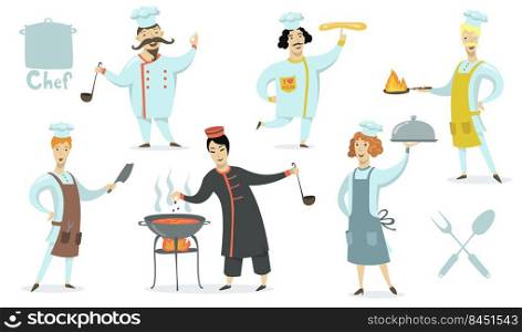 Chefs wearing aprons and cookers hat set. Professionals cooking restaurant meals. Vector illustration for food, culinary, kitchen, job, traditional cuisine concept