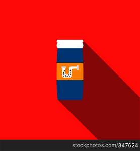 Chemical agent used to unclog pipes icon in flat style on a red background. Chemical agent used to unclog pipes icon