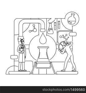 Chemical analysis thin line concept vector illustration. Lab workers, chemists 2D cartoon characters for web design. Scientists experimenting with reagent. Pharmaceutical research creative idea. Chemical analysis thin line concept vector illustration