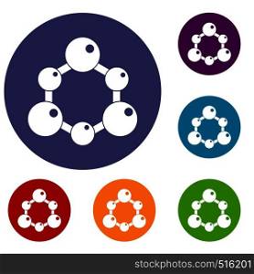 Chemical and physical atoms molecules icons set in flat circle red, blue and green color for web. Chemical and physical molecules icons set