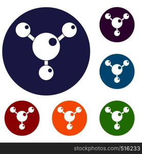 Chemical and physical atoms molecules icons set in flat circle red, blue and green color for web. Chemical and physical molecules icons set