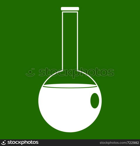 Chemical beaker icon white isolated on green background. Vector illustration. Chemical beaker icon green