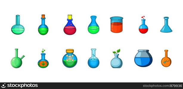 Chemical bottle icon set. Cartoon set of chemical bottle vector icons for web design isolated on white background. Chemical bottle icon set, cartoon style