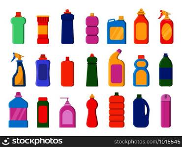 Chemical clean bottles. Detergent sanitary laundry cleaner service containers antiseptic vector flat pictures. Illustration of bottle detergent, container with chemical antiseptic. Chemical clean bottles. Detergent sanitary laundry cleaner service containers antiseptic vector flat pictures