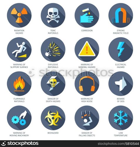 Chemical electrical radiation and other dangerous hazard icons flat set isolated vector illustration. Hazard Icons Flat