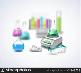 Chemical Eqiupment Composition. Laboratory equipment composition with tubes with liquids on scales glasses for experiments realistic flat vector illustration