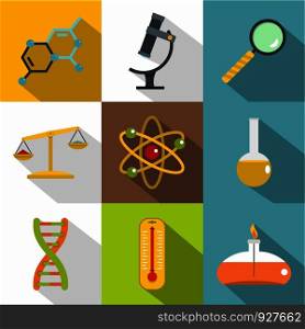 Chemical experience icon set. Flat style set of 9 chemical experience vector icons for web design. Chemical experience icon set, flat style