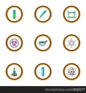 Chemical experience icons set. Cartoon style set of 9 chemical experience vector icons for web design. Chemical experience icons set, cartoon style