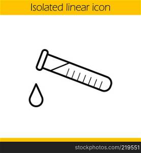 Chemical experiment linear icon. Thin line illustration. Laboratory test tube with drop contour symbol. Vector isolated outline drawing. Chemical experiment linear icon