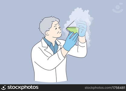 Chemical experiment, science, research concept. Man chemist cartoon character standing feeling crazy about his experiment holding flasks in hands vector illustration . Chemical experiment, science, research concept