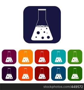 Chemical flask icons set vector illustration in flat style In colors red, blue, green and other. Chemical flask icons set flat