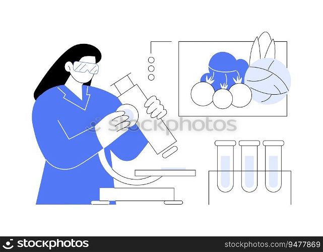 Chemical food hazards abstract concept vector illustration. Laboratory worker studying danger of products using microscope, foodborne diseases, public health medicine abstract metaphor.. Chemical food hazards abstract concept vector illustration.