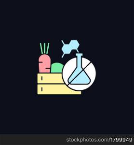 Chemical free food production RGB color icon for dark theme. Toxic and gmo free products. No additives. Isolated vector illustration on night mode background. Simple filled line drawing on black. Chemical free food production RGB color icon for dark theme