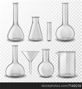 Chemical glass equipment. Laboratory glassware empty test tubes beaker and flask, medical lab experiment instruments 3d realistic vector pharmaceutical instrumentation for testing liquid set. Chemical glass equipment. Laboratory glassware empty test tubes beaker and flask, medical lab experiment instruments 3d realistic vector set