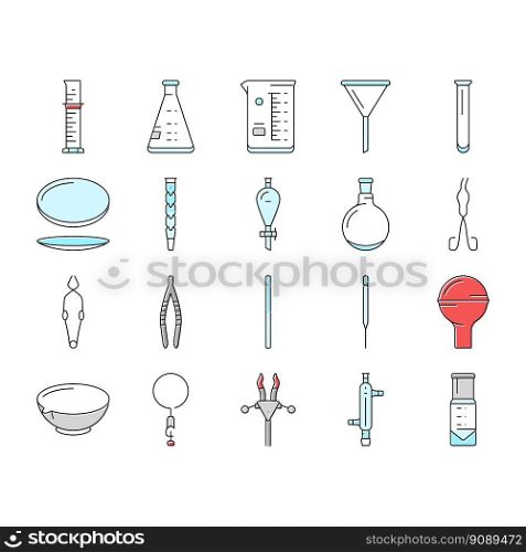 chemical glassware laboratory icons set vector. lab chemistry, glass science, research experiment, test equipment, medical flask chemical glassware laboratory color line illustrations. chemical glassware laboratory icons set vector