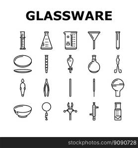 chemical glassware laboratory icons set vector. lab chemistry, glass science, research experiment, test equipment, medical flask chemical glassware laboratory black contour illustrations. chemical glassware laboratory icons set vector
