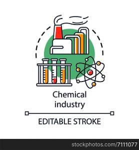 Chemical industry concept icon. Industrial chemicals producing. Plant, test tubes, molecule. Synthetic material production idea thin line illustration. Vector isolated outline drawing. Editable stroke