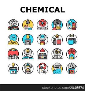 Chemical Industry Production Icons Set Vector. Polymers And Petrochemicals, Glue And Aerosol Spray, Rubber And Paint Varnish Chemical Industry Manufacturing Line. Color Illustrations. Chemical Industry Production Icons Set Vector