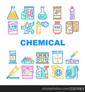 Chemical Industry Production Icons Set Vector. Specialty Chemical Liquid In Barrel And Industrial Oil, Rubber Roll And Organic Solvent, Gas Cylinder And Laboratory Glass Line. Color Illustrations. Chemical Industry Production Icons Set Vector