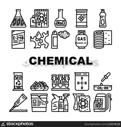 Chemical Industry Production Icons Set Vector. Specialty Chemical Liquid In Barrel And Industrial Oil, Rubber Roll And Organic Solvent, Gas Cylinder And Laboratory Glass Black Contour Illustrations. Chemical Industry Production Icons Set Vector