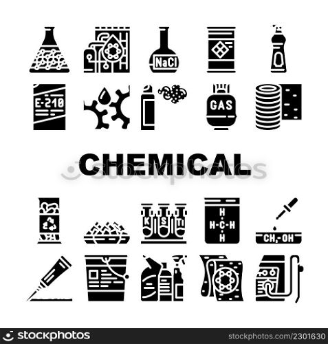 Chemical Industry Production Icons Set Vector. Specialty Chemical Liquid In Barrel And Industrial Oil, Rubber Roll Organic Solvent, Gas Cylinder Laboratory Glass Glyph Pictograms Black Illustrations. Chemical Industry Production Icons Set Vector
