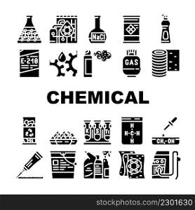 Chemical Industry Production Icons Set Vector. Specialty Chemical Liquid In Barrel And Industrial Oil, Rubber Roll Organic Solvent, Gas Cylinder Laboratory Glass Glyph Pictograms Black Illustrations. Chemical Industry Production Icons Set Vector