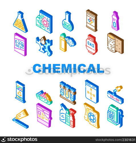 Chemical Industry Production Icons Set Vector. Specialty Chemical Liquid In Barrel And Industrial Oil, Rubber Roll Organic Solvent, Gas Cylinder And Laboratory Glass Isometric Sign Color Illustrations. Chemical Industry Production Icons Set Vector