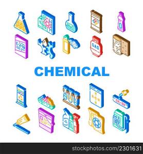 Chemical Industry Production Icons Set Vector. Specialty Chemical Liquid In Barrel And Industrial Oil, Rubber Roll Organic Solvent, Gas Cylinder And Laboratory Glass Isometric Sign Color Illustrations. Chemical Industry Production Icons Set Vector