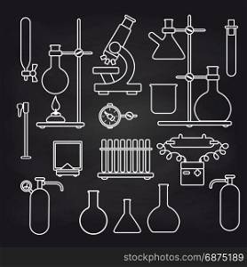 Chemical lab icons set on chalkboard. White chemical lab icons set on chalkboard background. Vector illustration