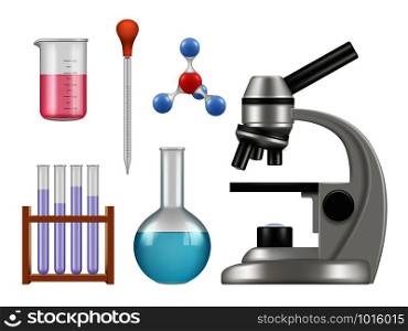 Chemical lab items. Science laboratory collection bottles microscope glass tubes biology vector realistic tools. Illustration of lab experiment, biology and chemical. Chemical lab items. Science laboratory collection bottles microscope glass tubes biology vector realistic tools